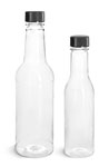 PET Plastic Bottles, Clear Sauce Bottles w/ Black Ribbed Lined Caps & Orifice Reducers