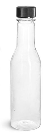 PET Plastic Bottles, Clear Sauce Bottles w/ Black Ribbed Lined Caps & Orifice Reducers