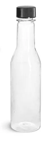 PET  Clear Sauce Bottles w/ Black Ribbed Lined Caps & Orifice Reducers