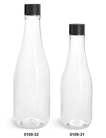 Plastic Bottles, Clear PET Woozy Bottles w/ Black Ribbed Lined Caps & Orifice Reducers
