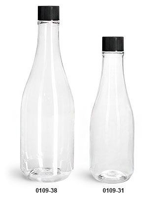 Plastic Bottles, Clear PET Woozy Bottles w/ Black Ribbed Lined Caps & Orifice Reducers