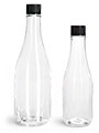 PET Plastic Bottles, Clear Woozy Bottles w/ Black Ribbed Lined Caps & Orifice Reducers