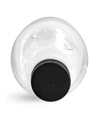 8 oz Clear PET Woozy Bottles w/ Black Ribbed Lined Caps & Orifice Reducers