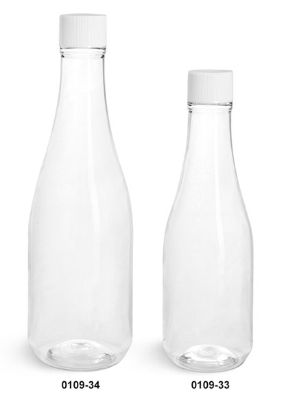 Plastic Bottles, Clear PET Woozy Bottles w/ White Ribbed Lined Caps & Orifice Reducers