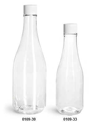 Plastic Bottles, Clear PET Woozy Bottles w/ White Ribbed Lined Caps & Orifice Reducers