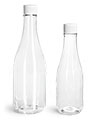 PET Plastic Bottles, Clear Woozy Bottles w/ White Ribbed Lined Caps & Orifice Reducers
