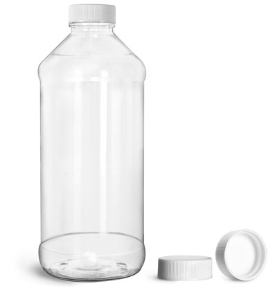 Plastic Bottles, Clear PET Modern Round Bottles w/ White Ribbed PE Lined Caps