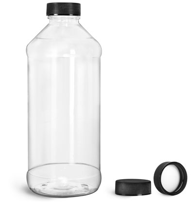 Plastic Bottles, Clear PET Modern Round Bottles w/ Black Ribbed PE Lined Caps