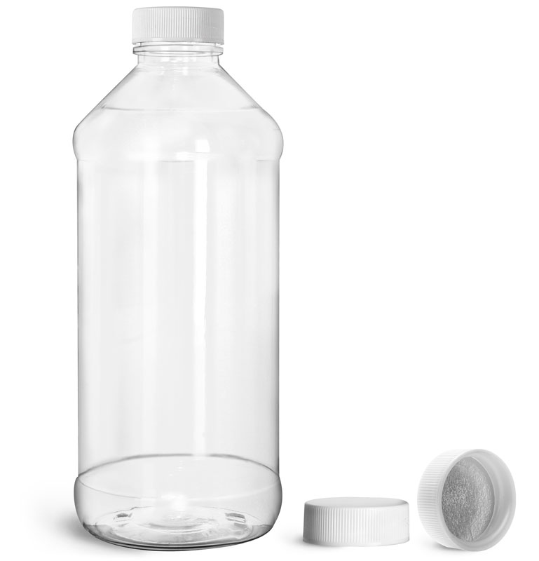 Clear PET Modern Round Bottles w/ White Ribbed Induction Lined Caps