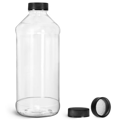 Plastic Bottles, Clear PET Modern Round Bottles w/ Black Ribbed Induction Lined Caps