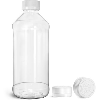 Plastic Bottles, Clear PET Modern Round Bottles w/ White Child Resistant Caps