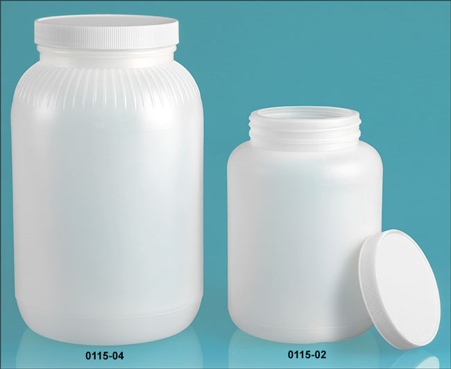 Plastic Bottles, Natural HDPE Wide Mouth Round Bottles w/ White Ribbed Lined Caps