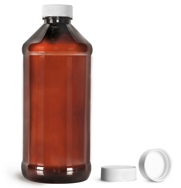 Amber PET Modern Round Bottles w/ White Ribbed PE Lined Caps