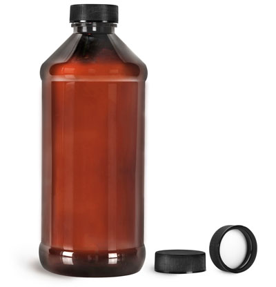 Plastic Bottles, Amber PET Modern Round Bottles w/ Black Ribbed PE Lined Caps