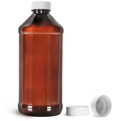 Plastic Bottles, Amber PET Modern Round Bottles w/ White Ribbed Induction Lined Caps
