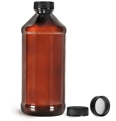 Plastic Bottles, Amber PET Modern Round Bottles w/ Black Ribbed Induction Lined Caps