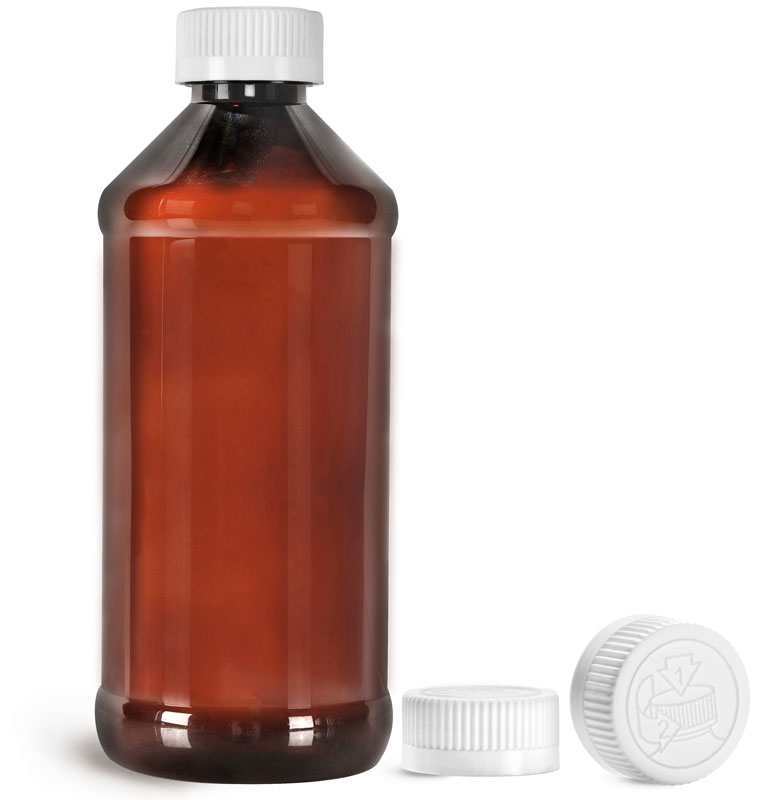 Amber PET Modern Round Bottles w/ White Child Resistant Caps