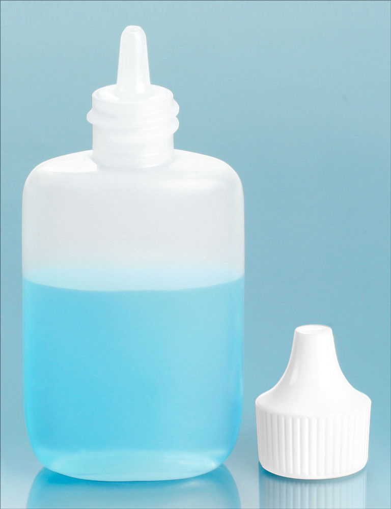 1 1/4 oz Natural LDPE Oval Dropper Bottles with Streaming Dropper Plug and White Caps