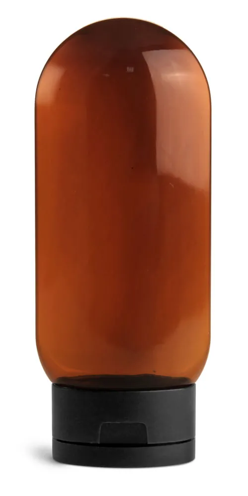 4 oz Plastic Bottles, Amber PET Tottles w/ Black Snap Top Caps