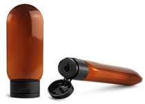 Plastic Bottles, Amber PET Tottles w/ Black Snap Top Caps