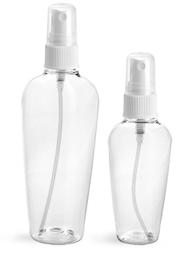 PET Plastic Bottles, Clear Naples Oval Bottles w/ White Fine Mist Sprayers
