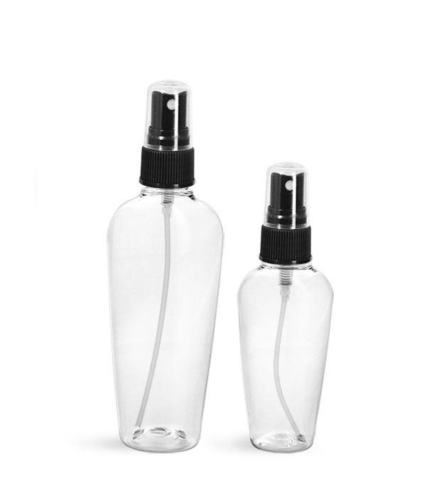 PET Plastic Bottles, Clear Naples Oval Bottles w/ Black Fine Mist Sprayers