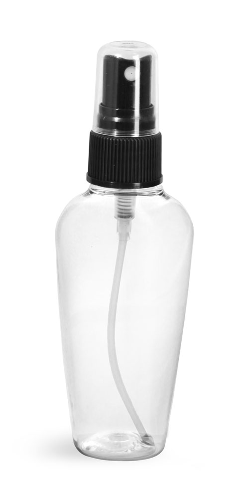 2 oz Clear PET Naples Oval Bottles w/ Black Fine Mist Sprayers