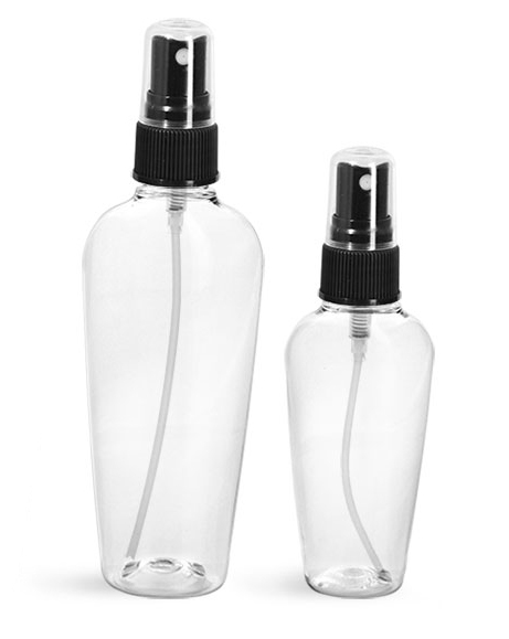 PET Plastic Bottles, Clear Naples Oval Bottles w/ Black Fine Mist Sprayers