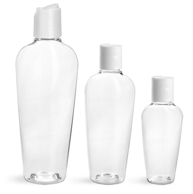 PET Plastic Bottles, Clear Naples Oval Bottles w/ White Disc Top Caps