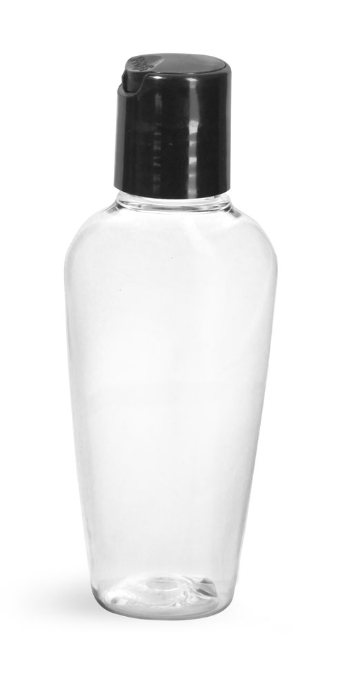 2 oz Clear PET Naples Oval Bottles w/ Black Disc Top Caps