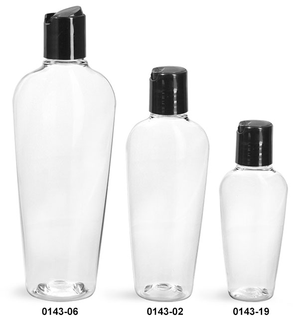 Plastic Bottles, Clear PET Naples Oval With Black Disc Top Caps