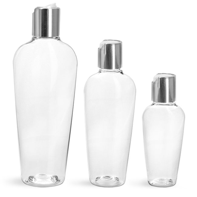 PET Plastic Bottles, Clear Naples Oval Bottles w/ Silver Disc Top Caps