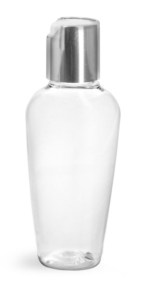 2 oz Clear PET Naples Oval Bottles w/ Silver Disc Top Caps
