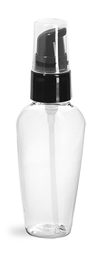 Plastic Bottles, Clear PET Naples Ovals w/ Black Treatment Pumps