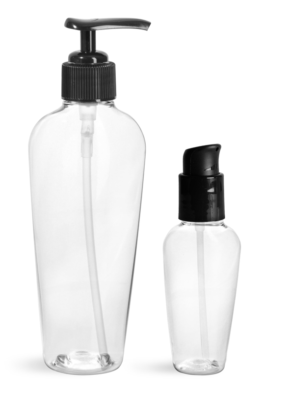 PET Plastic Bottles, Clear Naples Oval Bottles w/ Black Lotion Pumps