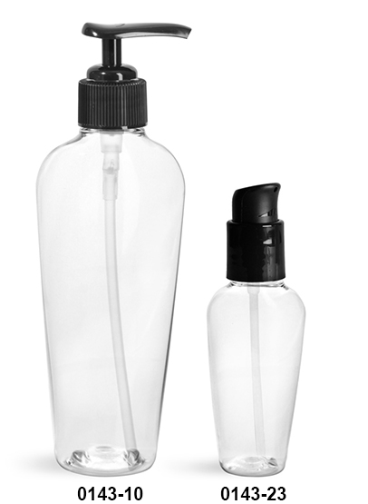 Plastic Bottles, Clear PET Naples Ovals with Black Lotion Pumps