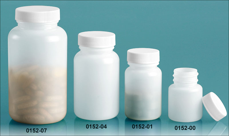 Plastic Bottles, Natural HDPE Wide Mouth Pharmaceutical Round Bottles w/ White Lined Screw Caps