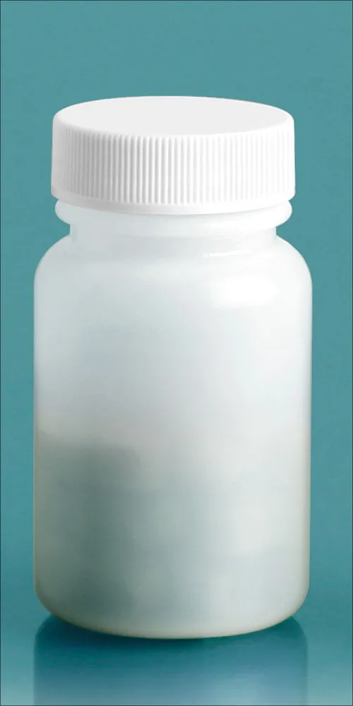 60 cc Plastic Bottles, Natural HDPE Wide Mouth Pharmaceutical Round Bottles w/ White Lined Screw Caps