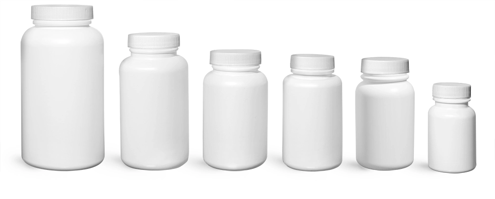White Pharmaceutical Round Bottles w/ White Lined Caps