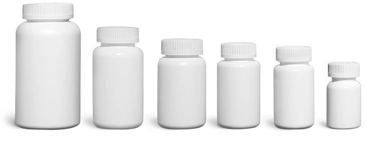 HDPE Plastic Bottles, White Pharmaceutical Round Bottles w/ White Child Resistant Caps