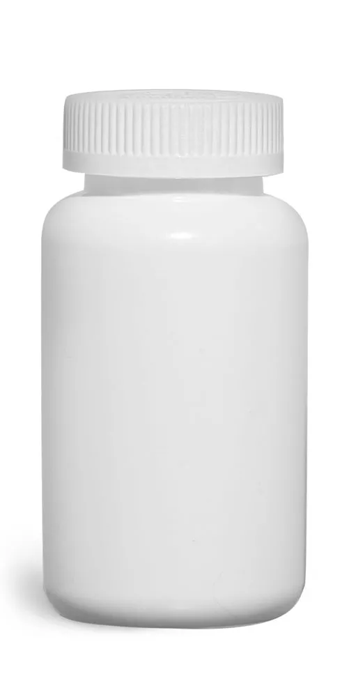 250 cc Plastic Bottles, White HDPE Wide Mouth Pharmaceutical Round Bottles w/ White Child Resistant Caps