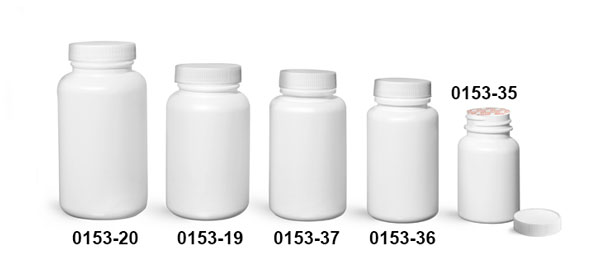 Plastic Bottles, White HDPE Wide Mouth Pharmaceutical Round Bottles w/ White Ribbed Induction Lined Caps