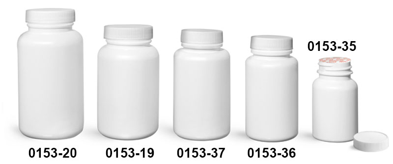 Plastic Bottles, White HDPE Wide Mouth Pharmaceutical Round Bottles w/ White Ribbed Induction Lined Caps
