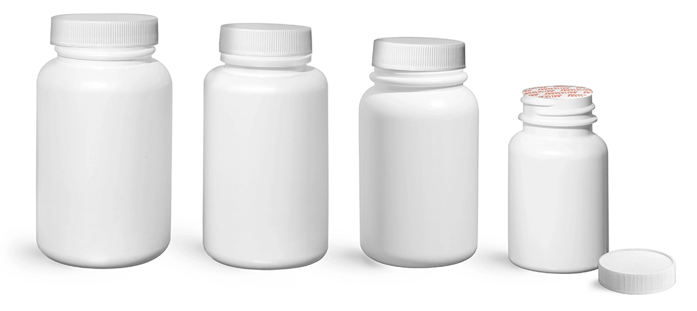 White Pharmaceutical Round Bottles w/ White Ribbed Induction Lined Caps