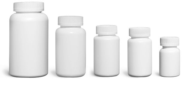 HDPE Plastic Bottles, White Pharmaceutical Round Bottles w/ White Child Resistant Caps