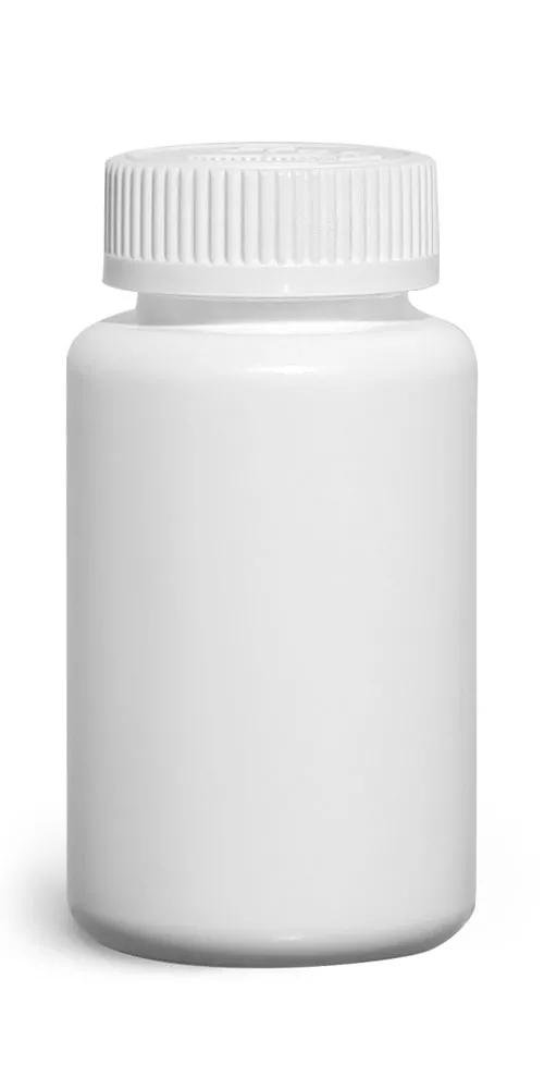 150 cc Plastic Bottles, White HDPE Wide Mouth Pharmaceutical Round Bottles w/ White Child Resistant Caps