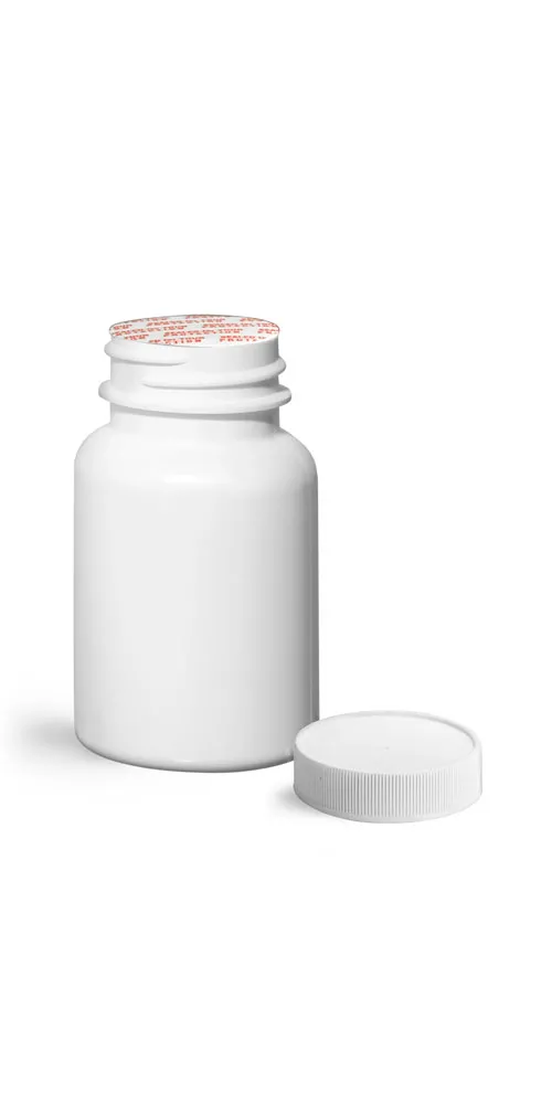 75 cc Plastic Bottles, White HDPE Wide Mouth Pharmaceutical Round Bottles w/ White Ribbed Induction Lined Caps