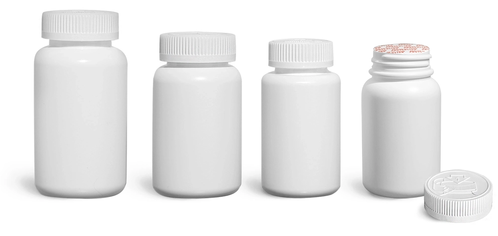 White Pharmaceutical Round Bottles w/ White Induction Lined Child Resistant Caps