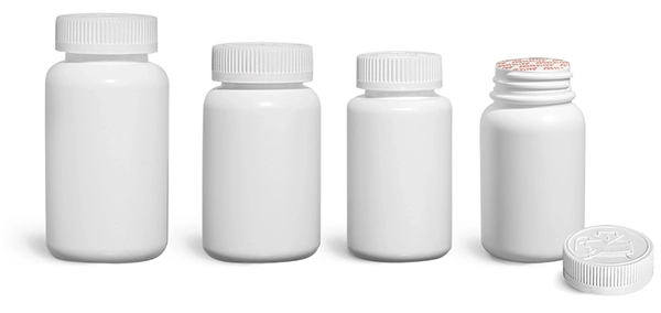 HDPE Plastic Bottles, White Pharmaceutical Round Bottles w/ White Induction Lined Child Resistant Caps