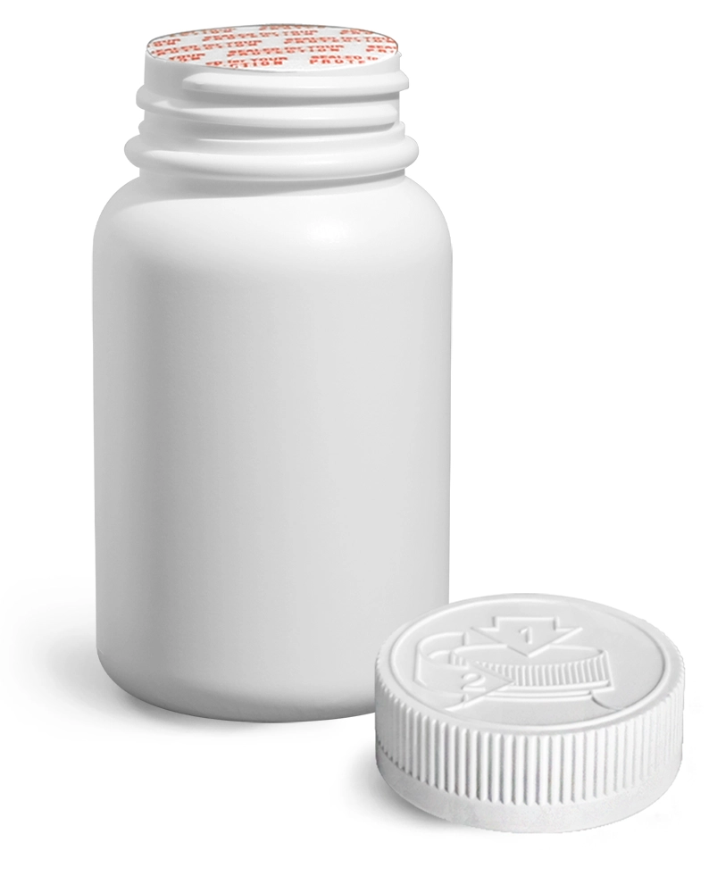 120 cc Plastic Bottles, White HDPE Wide Mouth Pharmaceutical Round Bottles w/ White Induction Lined Child Resistant Caps